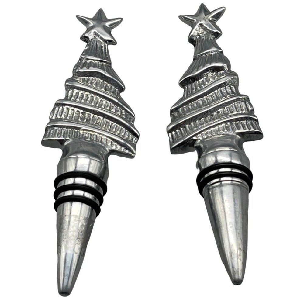 set of 2 silver metal wine corks shaped like Christmas trees with star on top 6"